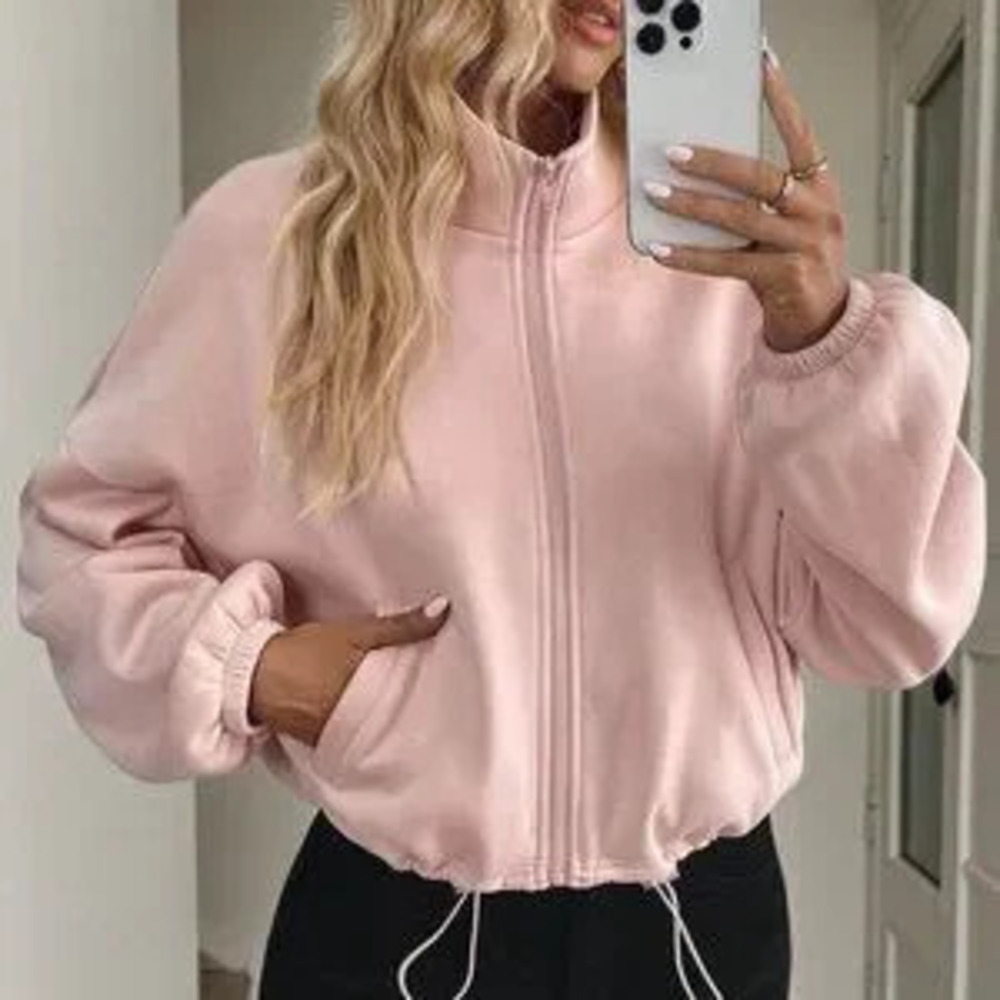 ZARA Pink Casual Women's Hooded Zip-Up Long Sleeve Sweatshirt Jacket